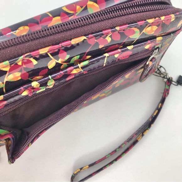 Mundi Burgundy Leaf Pattern Zip Safe Keeper Theft Protect Flap Wristlet Wallet - Picture 5 of 16